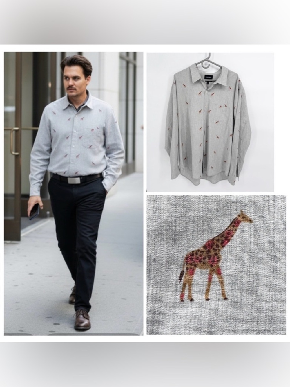 Bonobos gray button front shirt long sleeves little giraffes on it SZ 2XL cotton